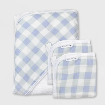 Honest Baby Boys' 3pc Organic Cotton Plaid Hooded Bath Towel Set - Blue