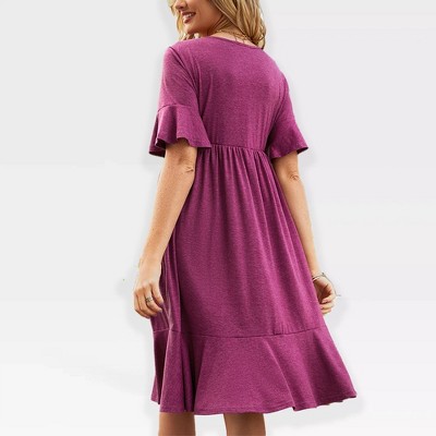 Женские платья KOJOOIN Dress Ruffled Sleeve High Waist A Line Dress Round Neck Fit and Flare Dress Flowy Dress with Flounce Hem,Wine - M — фото 2