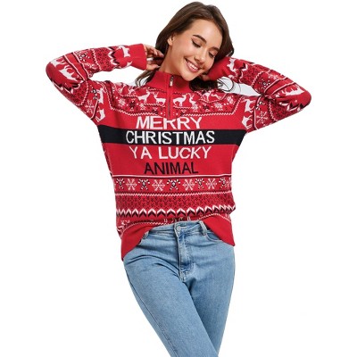 Clearlove Women's Ugly Christmas Sweater Mock Turtleneck Quarter Zip Pullover Long Sleeve Knit Pullover Top