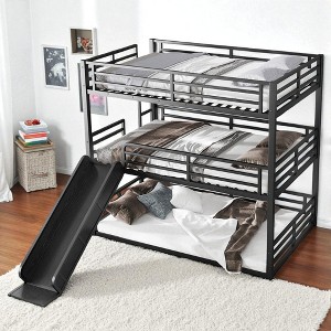 Full Over Full Over Full Triple Bunk Bed with Slide, Heavy-Duty Metal Frame and Safety Guardrails, Noise-Reduced Design,kids bed - 1 of 4