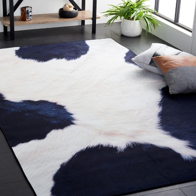 Ivory and Dark Blue Faux Cowhide Fur 5' x 8' Area Rug