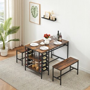 Dining Table Set for 4, Kitchen Table Set for 4 with 2 Benches, Rectangular Dining Room Table Set with Wine Rack & Storage Shelves - 1 of 4