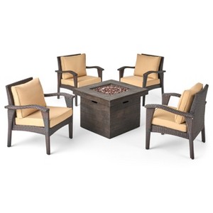 GDFStudio Rocco Outdoor Wicker 5 Piece Club Chair and Fire Pit Set with Cushions - 1 of 4