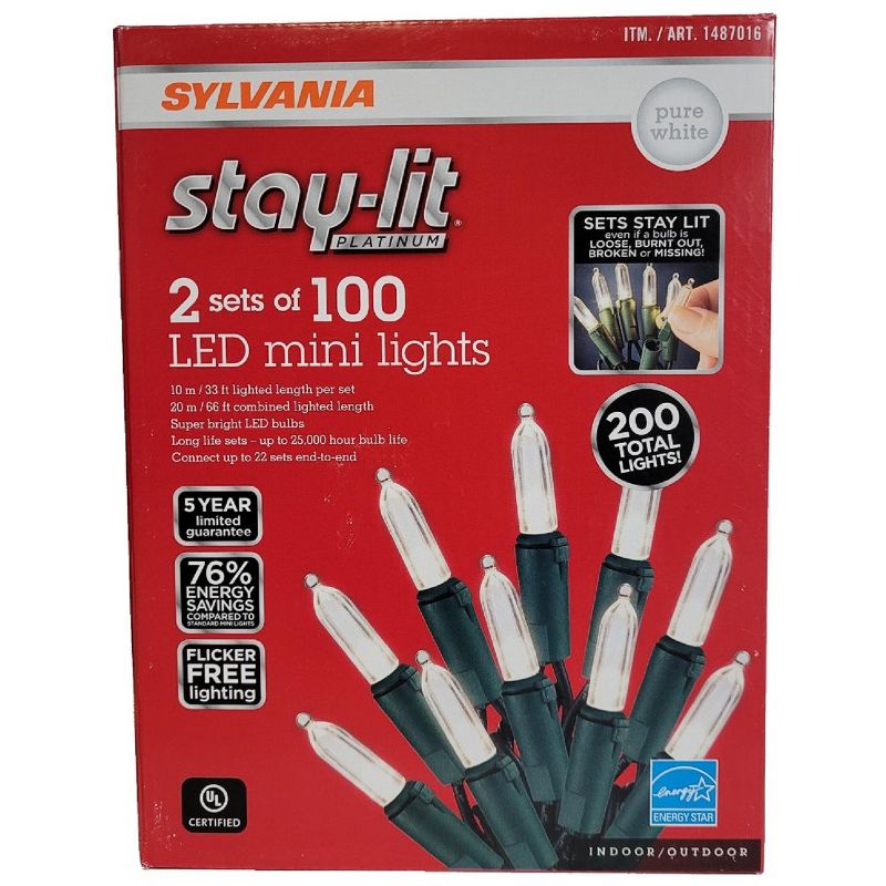 Sylvania Stay-Lit Platinum 2 set of 100 LED Mini Lights Pure White, 2 of 4