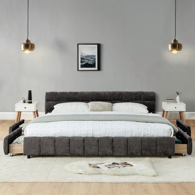 California King Upholstered Platform Bed with Headboard and Underbed Drawers, Chenille Fabric Frame Bed for Bedroom-Baofuwish