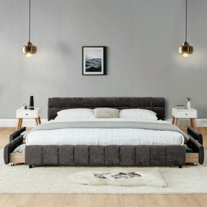 California King Upholstered Platform Bed with Headboard and Underbed Drawers, Chenille Fabric Frame Bed for Bedroom-Baofuwish - 1 of 4