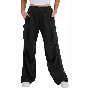 Coolmee Women's Cargo Pants Fleece Lined Wide Leg Joggers Baggy Drawstring Sweat Pants with Pockets - 1 of 4