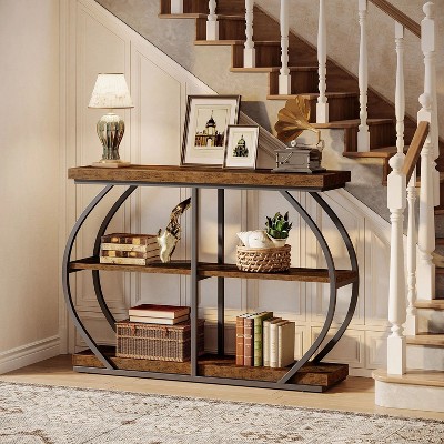 Hommoo 3-Tier Console Table with Storage Shelves Brown
