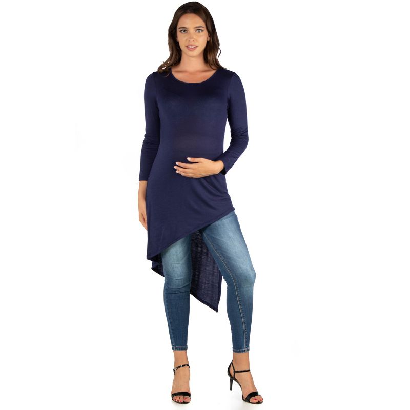 24seven Comfort Apparel Womens Long Sleeve Knee Length Asymmetrical Maternity Tunic Top, 1 of 5
