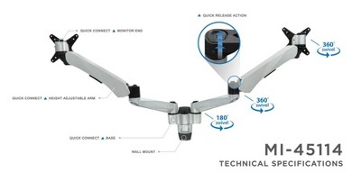 Mount-It! Dual Monitor Wall Mount with Articulating Gas-Spring Arms, VESA 75 x 75 mm and 100 x 100 mm, 19.8 Lbs. Weight Capacity, Silver
