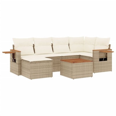 vidaXL 7 Piece Patio Sofa Set with Cushions Beige and Cream Poly Rattan - With Table