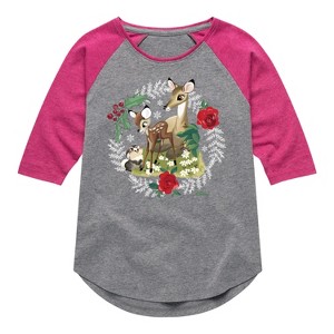 Girls' - Disney - Christmas - Family In The Forest Shirt Tail Raglan Graphic T-shirt - 1 of 3