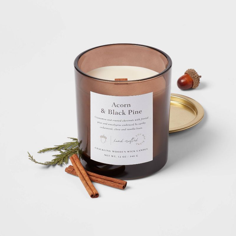 Clear-Colored Glass Candle with Woodwick & Brass Inset Lid Brown Acorn and Black Pine - Threshold™, 3 of 4