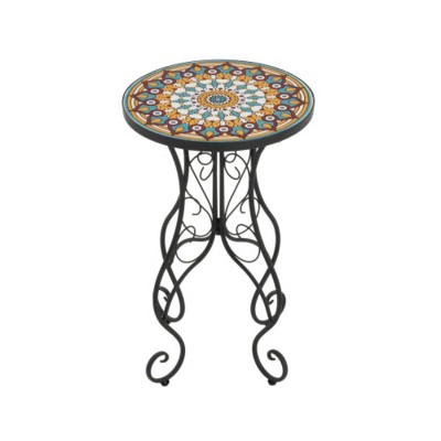 Syemin End Tables Round Ceramic Outdoor Side Table, Round End Table with Weather Resistant Ceramic Tile Tabletop, Black, 14"*14"*22.44"