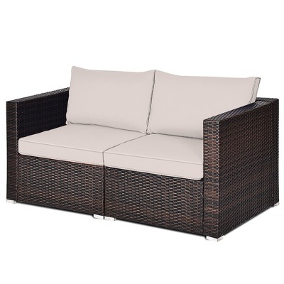 Tangkula 2PCS Rattan Corner Sofa Set Patio Outdoor Furniture Set w/ 4 Beige Cushions