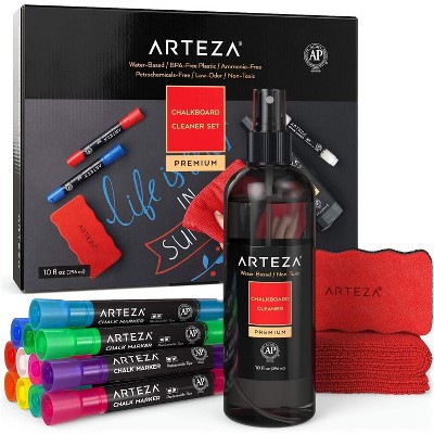 Arteza Chalkboard Cleaner Set with 12 Chalk Paint Markers, Microfiber Towel, Magnetic Erasers and 10 oz Cleaner for School (ARTZ-9102)