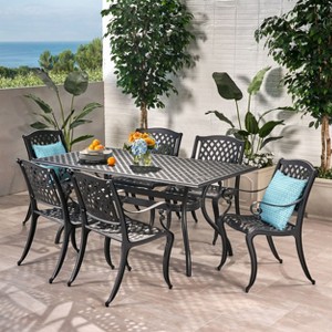 Christopher Knight Home Bonneville Outdoor Cast Aluminum 7 Piece Dining Set with Umbrella Hole, Antique Matte Black - 1 of 4