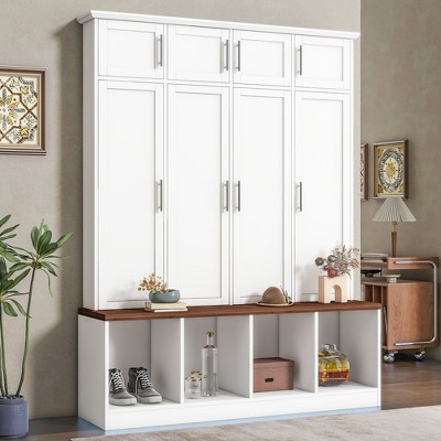 PAGED Freestanding Coat Racks with 8 Cabinets and 4 Large Storage Compartments,Hall Tree with 4 Hooks,Entryway Furniture for Hanging Clothes