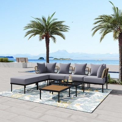 Jill Patio Conversation Set With Metal Frame And Thick Cushion,Sofa And Glass Coffee Table,Outdoor Furniture -Maison Boucle