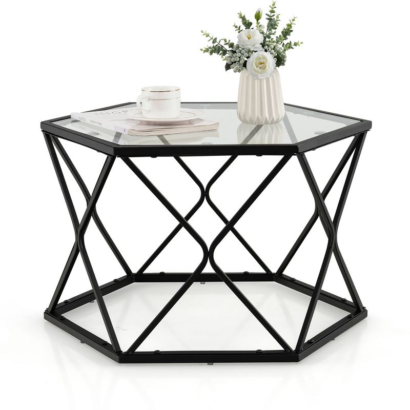 Costway Coffee Table Geometric Glass Modern W/Tempered Glass Top & Metal LegsLiving Roo, 1 of 11