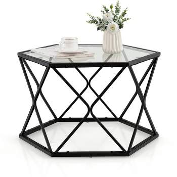 Costway Coffee Table Geometric Glass Modern W/Tempered Glass Top & Metal LegsLiving Roo