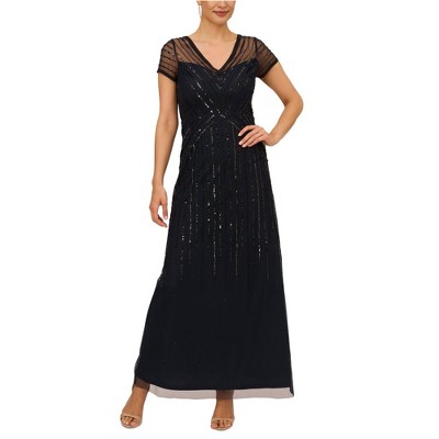 Adrianna Papell Womens Beaded V Neck Gown Dress