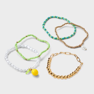 Mixed Lemon Charm and Beaded Bracelet Set 5pc - Wild Fable™: Iron, Glass, Acrylic, Pull-On Closure