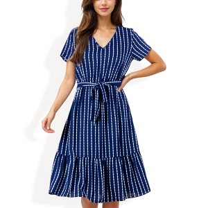 Anna-Kaci Women's Striped Pattern Short Sleeve Belted V-Neck Tunic Dress for Daily Wear - 1 of 4