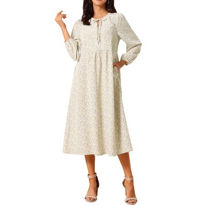 INSPIRE CHIC Women's Boho V Neck Long Sleeve Flowy Swing Casual Floral Midi Dress with Pockets