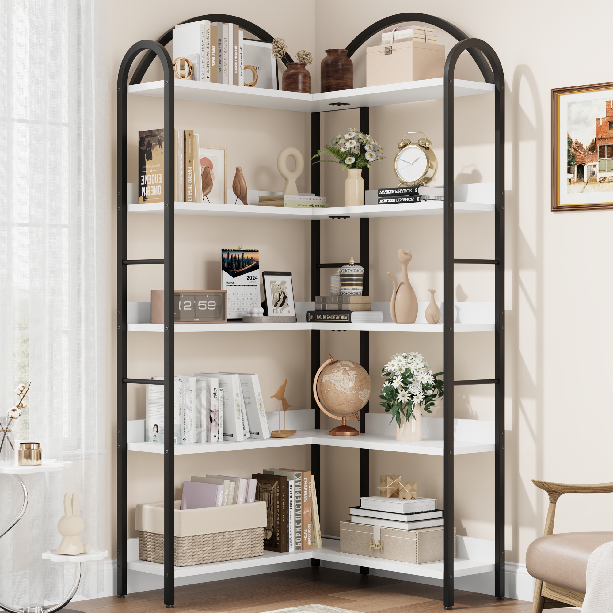 Corner Bookshelf 68.5" Industrial Corner Bookcase White