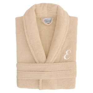 Linum Home Textiles 100% Turkish Cotton Unisex Personalized Terry Bathrobe Beige in White Script Font - 1 of 3