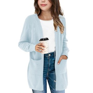 Girl's Open Front Cardigan Long Sleeve Knit Sweaters Kids Solid Cute Casual Loose Outerwear Coats with Pockets - 1 of 4