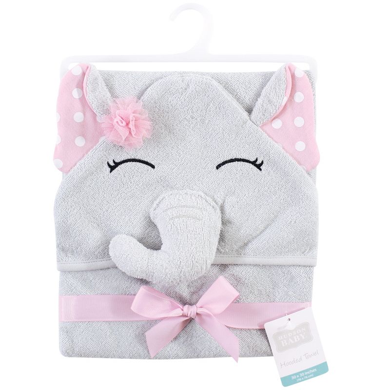 Hudson Baby Infant Girl Cotton Rich Animal Hooded Towel, White Dots Pretty Elephant, One Size, 3 of 4
