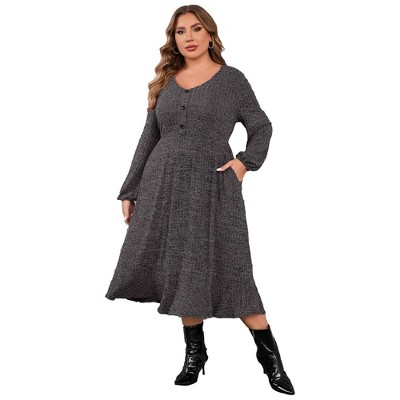 Clearlove Women's Plus Size Knit Textured Sweater Dresses Long Sleeve Loose Pleated Dress with Pockets
