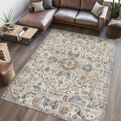 Cream and Terra Synthetic Medallion Washable Area Rug