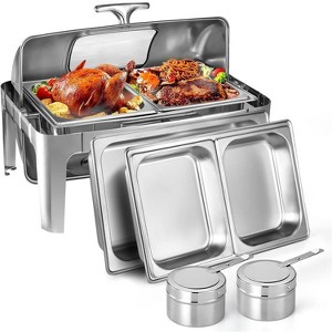 9QT Roll Top Chafing Dish Buffet Set, Stainless Steel Commercial Food Warmer, Rectangle Buffet Server with 2*1/2 Pans, Soft Close Lid & Fuel Holder - 1 of 4