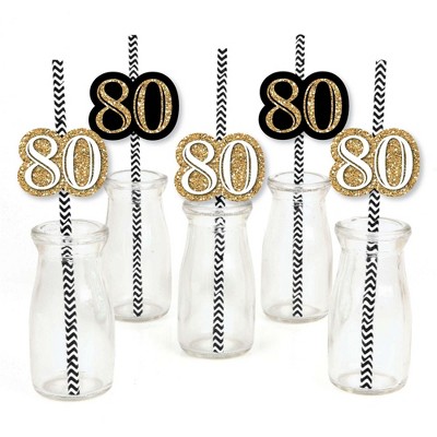 Big Dot of Happiness Adult 80th Birthday - Gold - Paper Straw Decor - Birthday Party Striped Decorative Straws - Set of 24