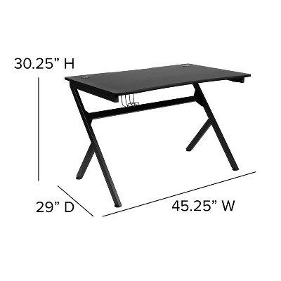 Black Adjustable Height Gaming Desk with Cup Holder and Headphone Hook