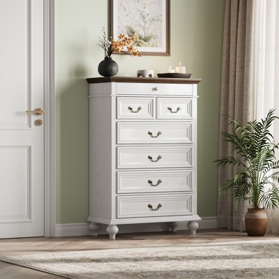 7 Drawers Dresser for Bedroom, Farmhouse 50" Tall Wood Chest of Drawers with Rustic Handle, Jewelry Storage Dressers Organizer for Bedroom, Hallway