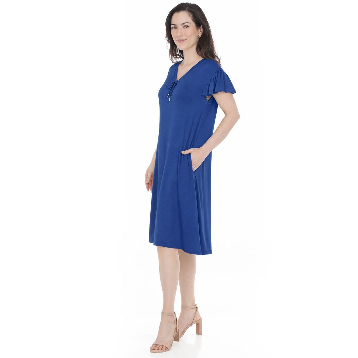 Women’s V-Neck Tie Front Flutter Sleeve Shift Dress -White Mark - thumbnail 7