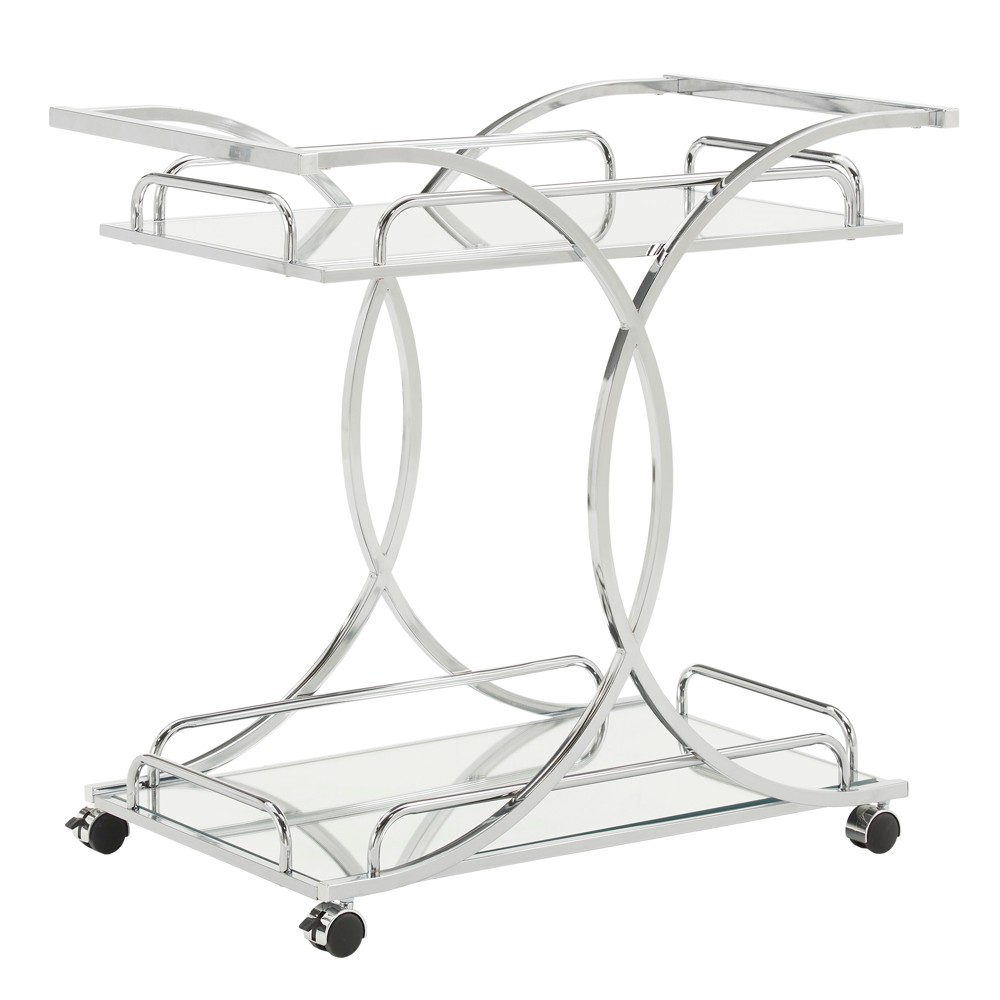 Inspire Q Knox Curving Metal Frame Bar Cart Chrome: Tempered Mirrored Shelves, Mobile Caster Wheels, Iron Construction