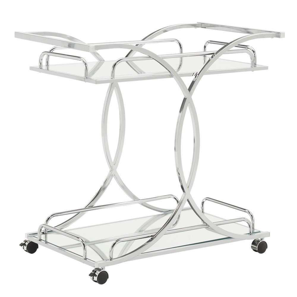 Photos - Kitchen System Inspire Q Knox Curving Metal Frame Bar Cart Chrome: Tempered Mirrored Shelves, Mobile Caster Wheels, Iron Construction