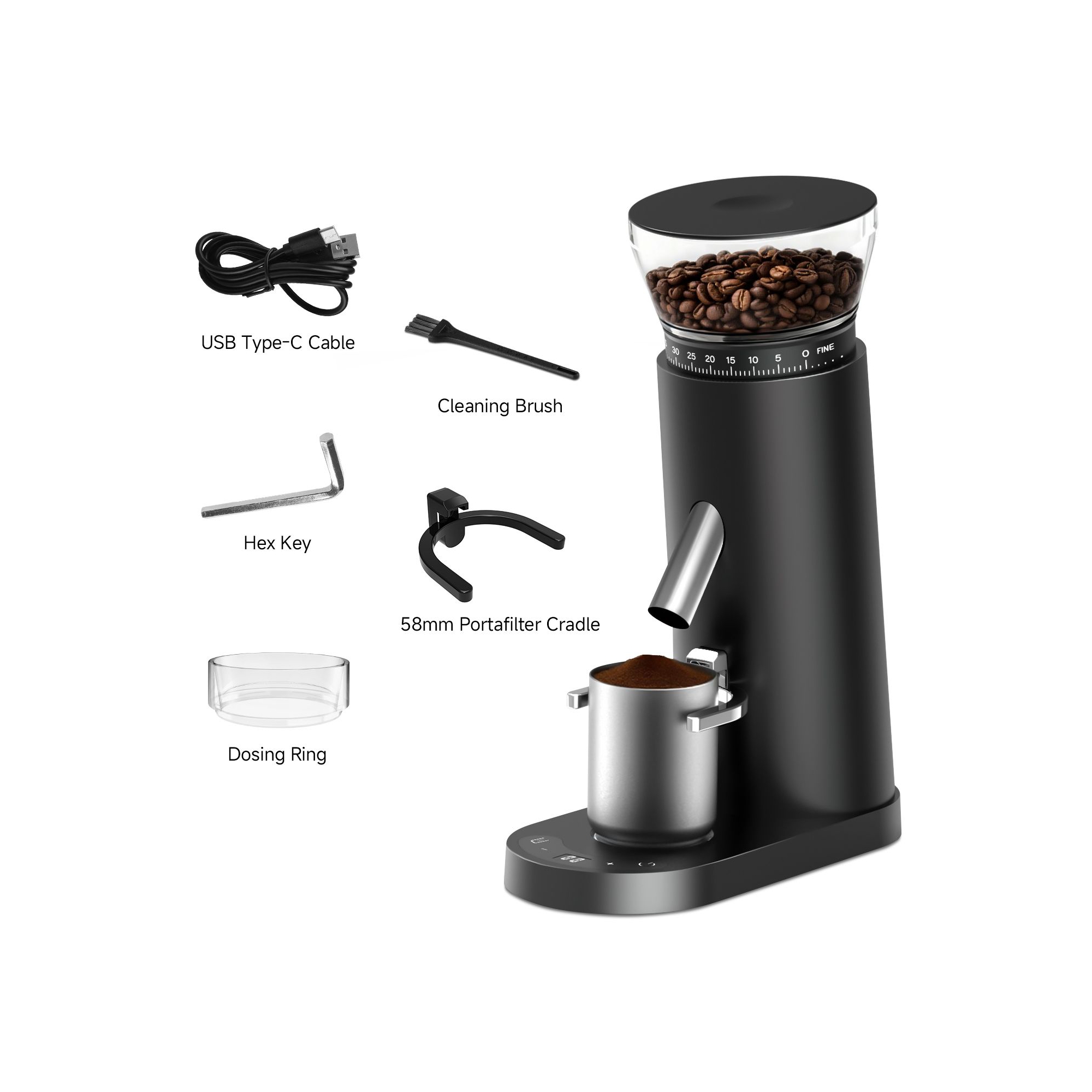 Professional Burr Coffee Grinder with Digital Timer and LCD Display - Black
