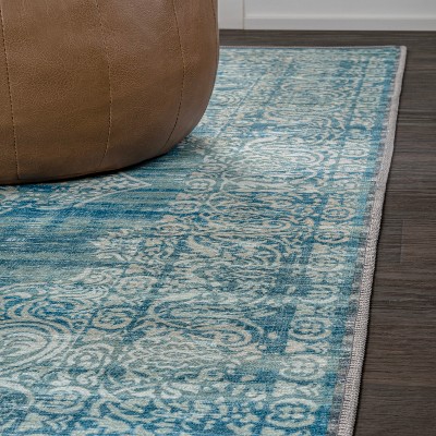 Teal and Cream Medallion Washable Synthetic Area Rug
