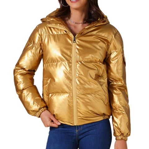 INSPIRE CHIC Women's Casual Shiny Pockets Hooded Winter Puffer Jackets Gold Large