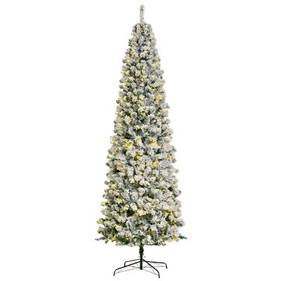 TopComfy Christmas Tree Stand Pre Lit Snow Flocked Slim Douglas Fir Tree with Easy Assembly for Modern Holiday Decor, Green, 34.3"*34.3"*106.3"