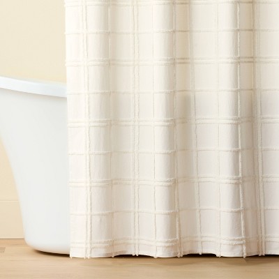 Cream Tufted Grid Cotton Shower Curtain