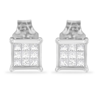 Haus of Brilliance Silver Princess Cut Diamond Square Stud Earrings