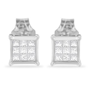 Haus of Brilliance Silver Princess Cut Diamond Square Stud Earrings - 1 of 4