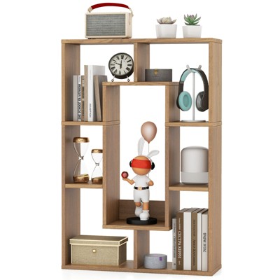 Tangkula 35.5” Geometric Bookshelf Open-back Bookcase w/ 7 Cubes Free-standing Storage Shelf Unit w/ Anti-Toppling Devices Gray/Natural/White